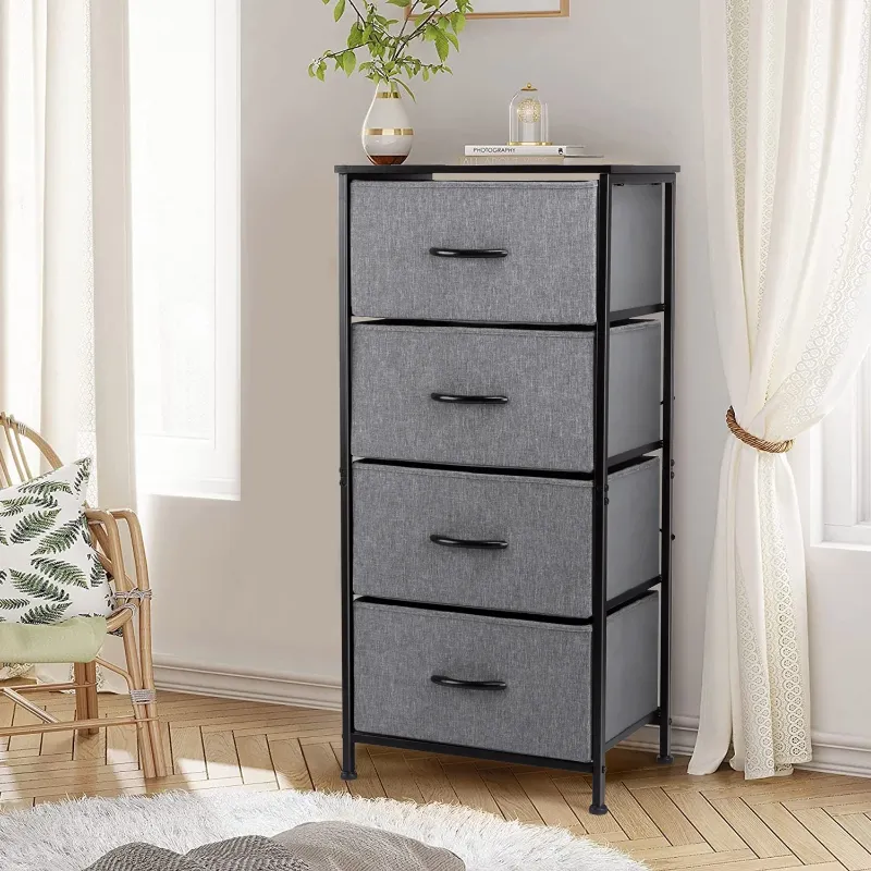 Photo 1 of 4 Drawers Dresser for Bedroom, Vesteel Fabric Chest of Drawers Tall Storage Tower with Wood Top and Sturdy Steel Frame, Storage Organizer Unit for Closet, Living Room, Hallway - Grey