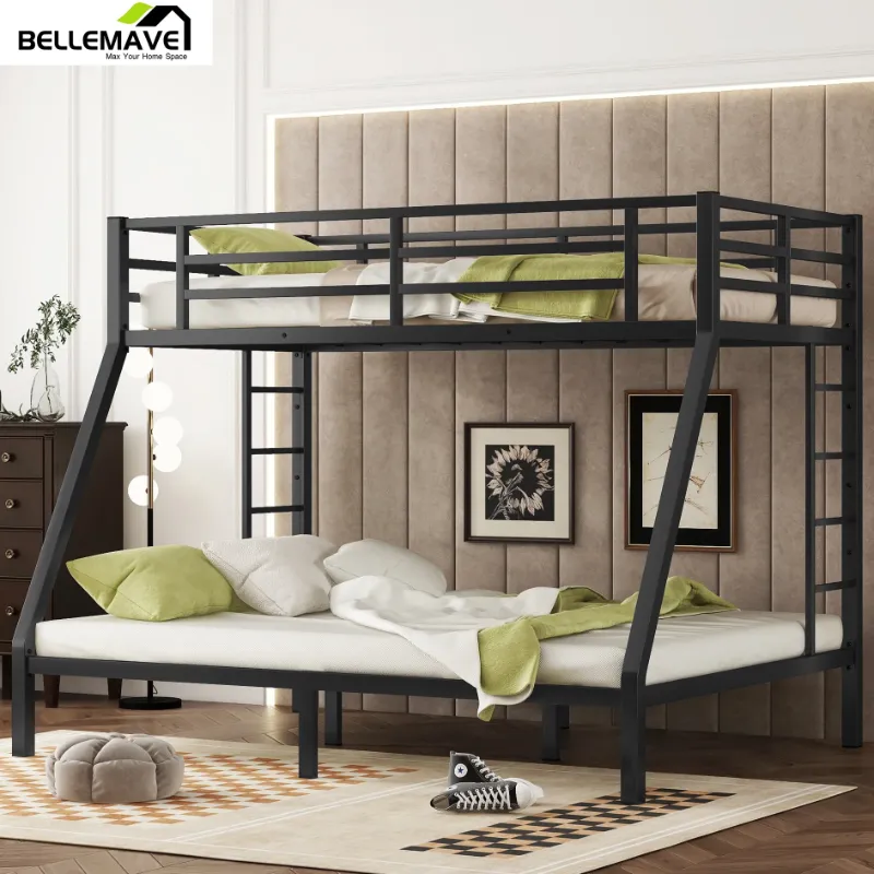 Photo 1 of Bellemave Metal Bunk Beds Twin XL over Queen Bunk Bed for Adults, Teens, Kids Heavy Duty Bunk Bed Frame with 2 Ladder and Full-Length Guardrails, No Box Spring Needed, Black