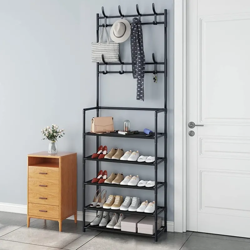 Photo 1 of 3-in-1 Entryway Coat Rack with Shoe Rack, 31*10*65 inches Coat Clothes Rack Shoe Storage Bench, Multipurpose Hat and Shoe Storage Rack with 5-Tier 8 Hooks, Suitable for Hat, Clothes, Shoes, Key