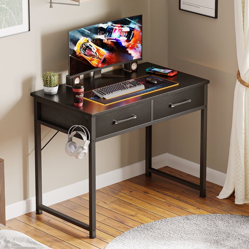 Photo 1 of 32 Inch Black Writing Desk with 2 Fabric Drawers, Modern Study Table with Storage for Student/Kids, Small Computer Desk for Small Space, Home Office Desk
