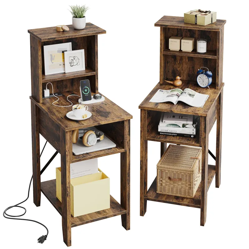 Photo 1 of Bestier Tall Nightstands Set of 2 with Charging Station - 37" Tall Bedside Table with Shelves and Storage Cabinet, End Table Side Table for Bedroom Home Rustic Brown
