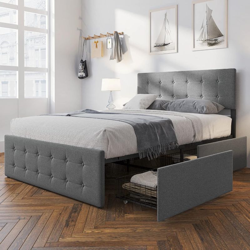 Photo 1 of IDEALHOUSE Full Platform Bed Frame with Headboard and 4 Drawers Storage, Button Upholstered Mattress Foundation with Wood Slat Support, No Box Spring Needed
