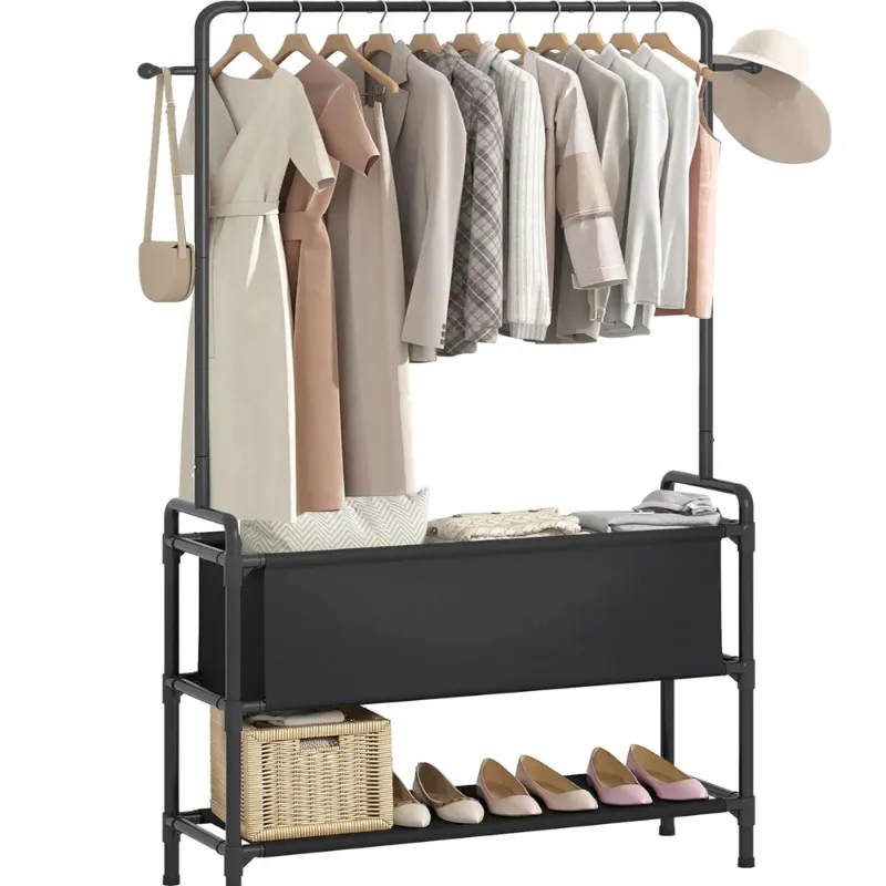 Photo 1 of 2 Tiers Clothes Rack, Clothing Racks for Hanging Clothes, Garment Rack with Wheels, Laundry Rack 2 Hooks, Multi-functional Bedroom Portable Closet, Black
