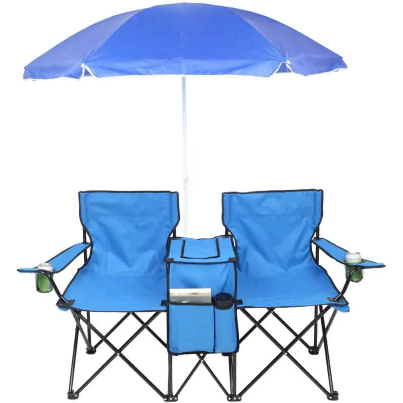 Photo 1 of Kibhous Outdoor Foldable Picnic Double Chair ,Camping Chairs with Umbrella Camping Double Portable Chairs Folding Beach Chair with Insulation Bag,Backpacking Blue
