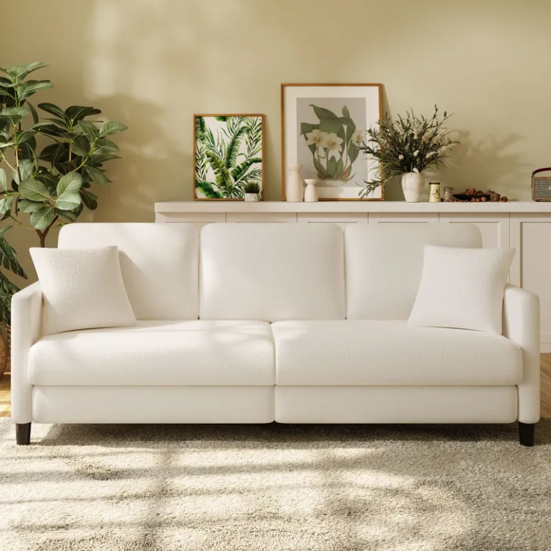 Photo 1 of 83" Sofa Couch for Living Room,Comfy Teddy Fleece Loveseat Sofa,Extra Deep Seat Couches ,Neche Tool-Free Setup Love Seat with 2 Pillows,Beige White
