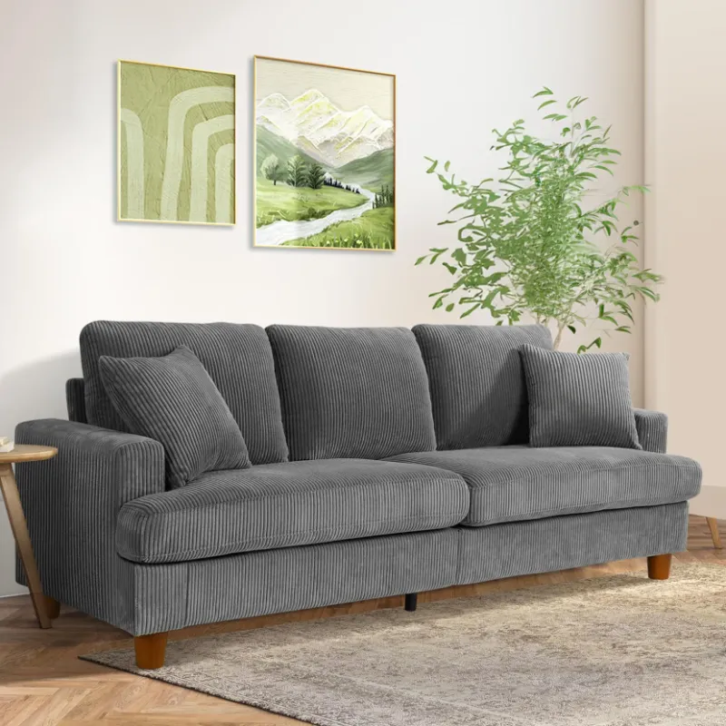 Photo 1 of 87" Corduroy Sofa,3 Seater Sofa Extra Deep Seats,Neche Comfy Upholstered Couch for Living Room,2 Pillows,Gray
