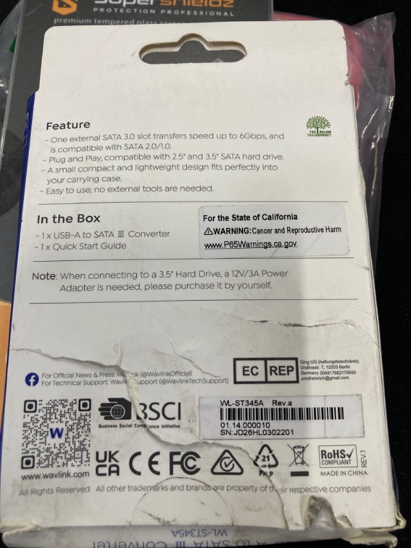 Photo 1 of WAVLINK SATA to USB 3.0 Hard Drive Cable, USB A 5Gbps SATA Cable, External Hard Drive SATA I/II/III Connector to USB for 2.5 inch 3.5 inch HDD SSD Data up to 18TB - Not Include Power Adapter