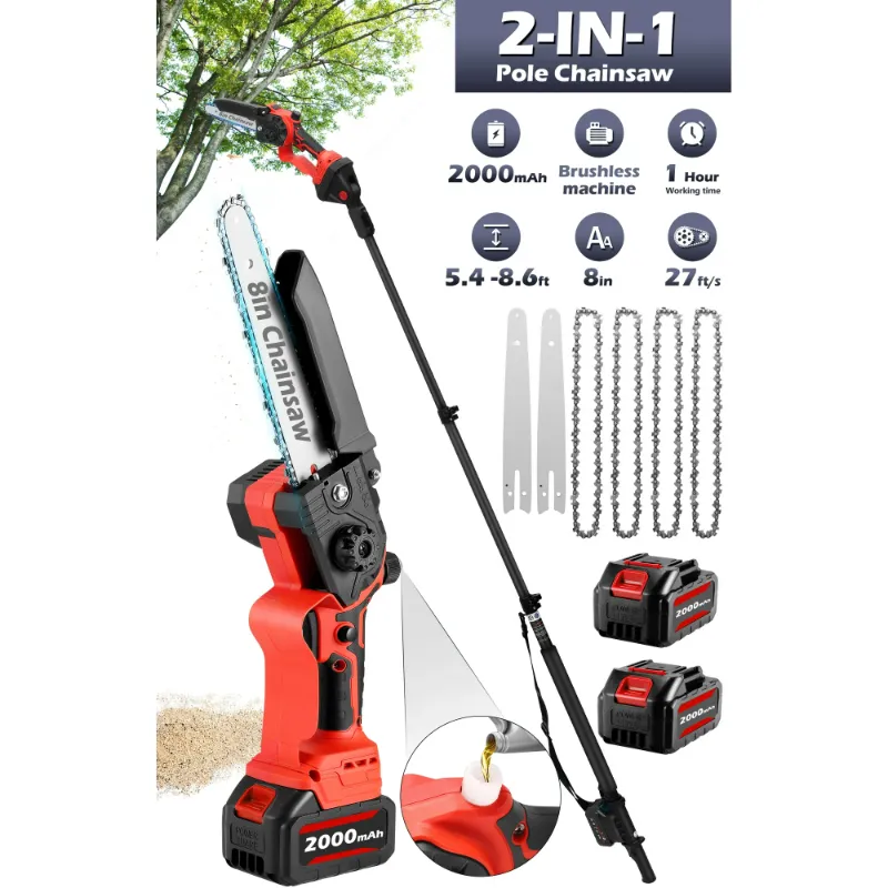 Photo 1 of RELOIVE 2-in-1 Cordless Pole Saw & 8" Electric Mini Chainsaws , 2.0 Ah Battery-Powered Brushless Pole Chainsaw ,8.6 feet Max Reach for Tree Trimming
