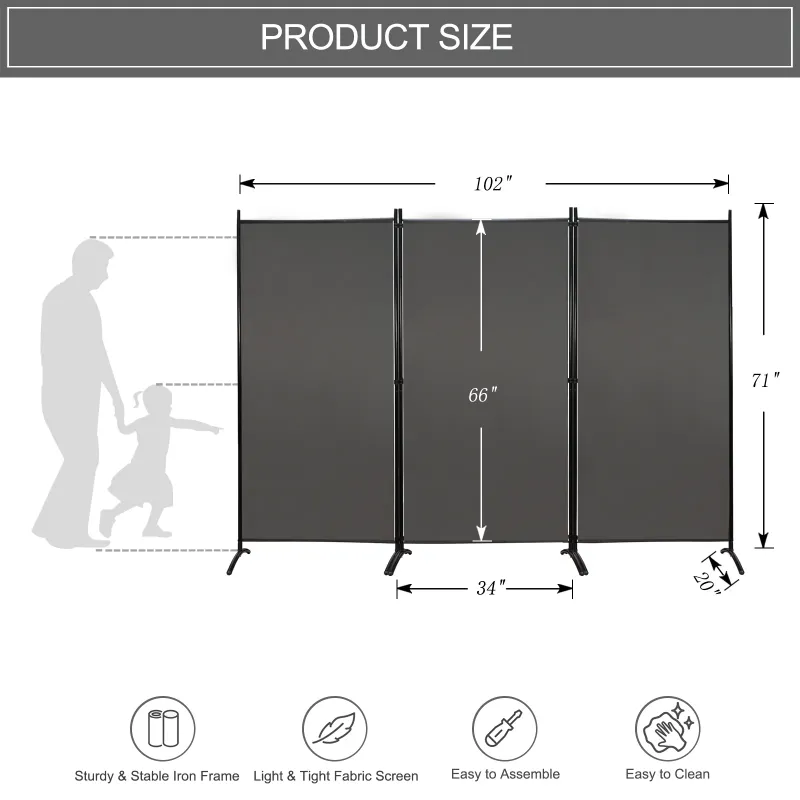 Photo 1 of MAYOLIAH 3 Panel Folding Privacy Screens, 6 Ft H Partition Room Divider, 102"x20"x71", Grey
