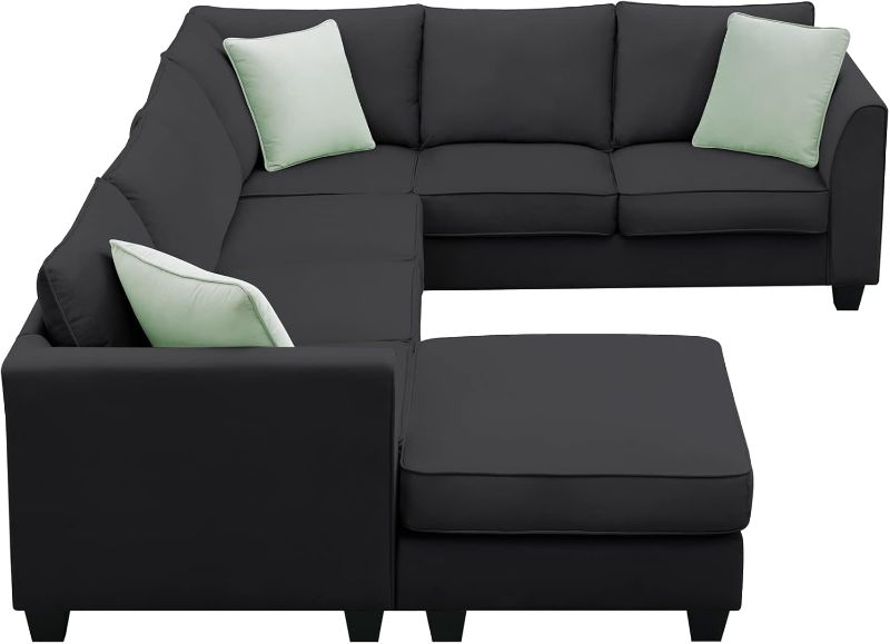 Photo 1 of (BOX 1 OF ??) UBGO Funiture Living Room, Modern, L U-Shape, 7 Seats Modular Sectional Sofa with Ottoman,11287" Corner Couch Set with 3 Pillows,Black