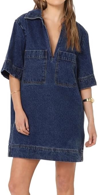 Photo 1 of ***CHECK CLERK NOTES**Women Denim Dress Summer Deep V Neck Half Sleeve Casual Loose Collared Shift Mini Jean Dress with Pockets Dark Blue XL
