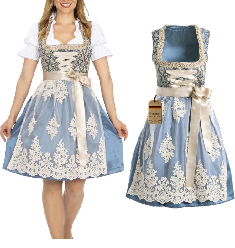 Photo 1 of BAVARIA TRACHTEN Women's Blue Gold Dirndl Dress - Modern Fit, Polyester-Cotton, Traditional German Oktoberfest Attire, Size L