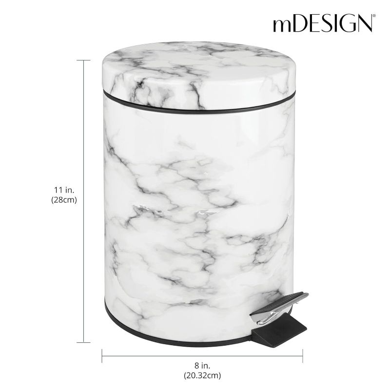 Photo 1 of ***MINOR DAMAGE*** mDesign Small Modern 1.3 Gallon Round Metal Lidded Step Trash Can, Compact Garbage Bin with Removable Liner Bucket and Handle for Bathroom, Kitchen, Craft Room, Office, Garage - White Marble, 5 liter
