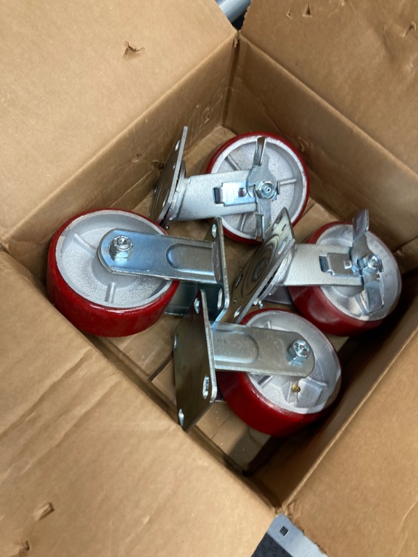 Photo 3 of 5" x 2" Heavy Duty Swivel Caster Set of 4 - Red Polyurethane on Steel Core with Brakes - 4,400 lbs Per Set of 4 - Toolbox Casters - CasterHQ