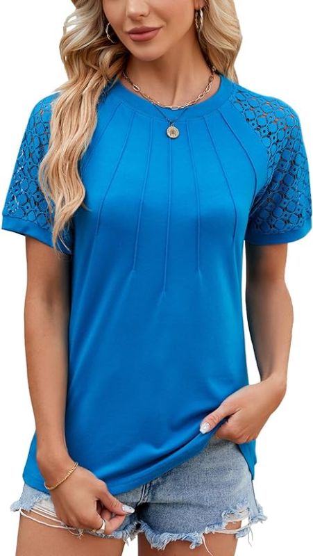 Photo 1 of Women Casual Crew Neck Pleated Tops Short Sleeve Tunic Tee Shirts Fashion Shirts Blouses 2XL
