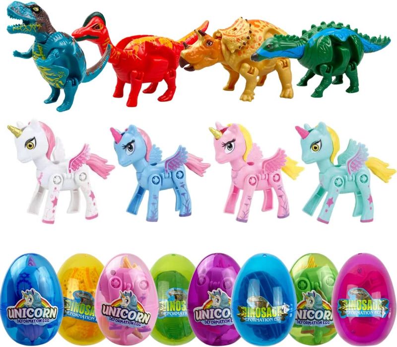 Photo 1 of Anditoy 8 Pack Jumbo Unicorn & Dinosaur Deformation Eggs Prefilled Plastic Easter Eggs with Toys Inside for Kids Boys Girls Toddlers Easter Basket Stuffers Gifts Fillers Party Favors
