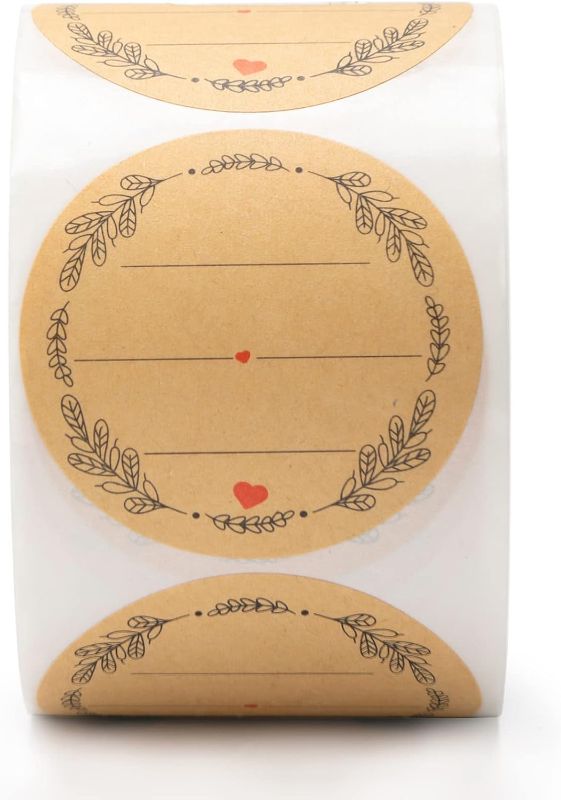 Photo 1 of 2'' Wreath Design with 3 Lines for Writing (500 Per Roll), Natural Brown Kraft Stickers for Store Owners, Crafts, Organizing, Jar and Canning Labels, Price Tags (Brown)
