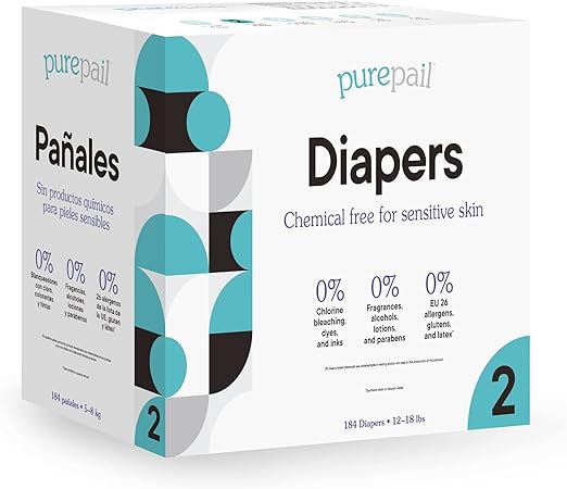 Photo 1 of Disposable Diapers — Size 2 — 12-18 lbs — Chemical Free for Sensitive Skin — Unscented — Just Pure Fit — 184 Count
