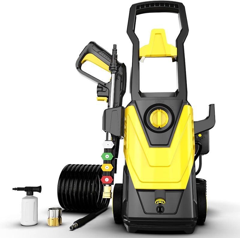 Photo 1 of Electric Pressure Washer 4300 PSI 2.8 GPM Power Washer with 35FT Power Cord, 20FT Hose, 4 Quick Connect Nozzles, Foam Cannon, Hight Pressure Washer for Cars, Garden, Garage, Patios, Yellow
