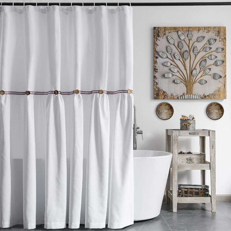 Photo 1 of Alimumu Farmhouse Shower Curtain-Button Boho Ribbon Decorative, White Shower Curtains for Bathroom,Extra-Long 72x84 inch