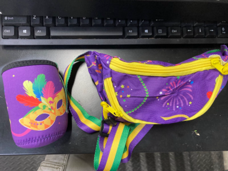 Photo 2 of Mardi Gras Fanny Pack Purple Mardi Gras Waist Bag with Drink Holder Mardi Gras Party Accessories Carnival Fanny Pack for Women men Accessories PURPLE MARDI GRAS FANNY PACK