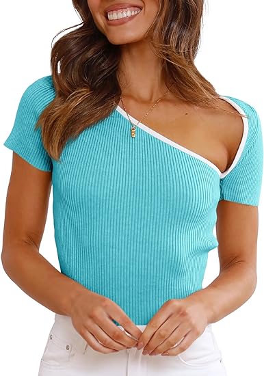 Photo 1 of Danedvi Womens V Neck Short Sleeve Ribbed Shirts Summer Sexy Slim Fit Color Block Sweater Tops
