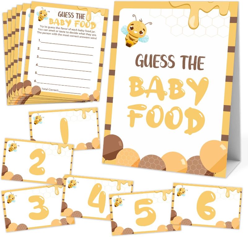 Photo 1 of Baby Shower Game, Guess the Baby Food Party Games, Baby Gender Reveal Party Decoration, Sweet as Can Bee Baby Shower Party Supplies set - 1 Standing Sign & 25 Answer Cards & 6 Number Cards /LS034
