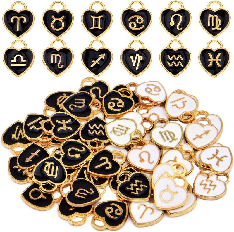 Photo 1 of 48pcs (4 Sets) Heart Enamel 12 Constellations Charms Double Sided Zodiac Sign Dangle Pendants Craft Supplies for DIY Necklace Bracelet Earrings Jewelry Making, 2 Colors
