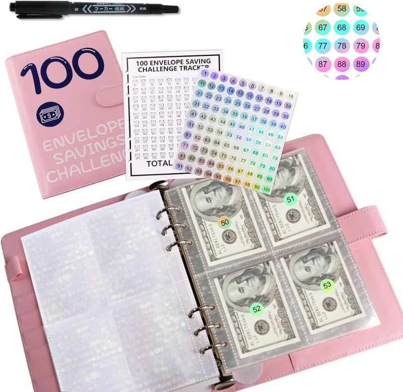 Photo 2 of 100 Envelopes Money Saving Challenge, 2023 PU Leather 100 Envelope Challenge Binder, Easy and Funny Way to Save $5,050 Budget Planner, 100-Day Envelope...
