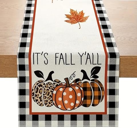 Photo 1 of Beriflai Fall Pumpkin Table Runner, Thanksgiving Kitchen Dining Table Runner Seasonal Autumn Dining Table Decoration for Indoor Outdoor Home Party Decor (Black Plaid & Leaf, Table Runner-12x90 Inches)
