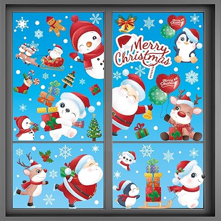Photo 1 of (9 Sheet) Tomario 168 Large Christmas Window Clings Stickers, Reusable Christmas Decal Double-Side with Snow Flakes Pattern for Xmas Decoration Home...
