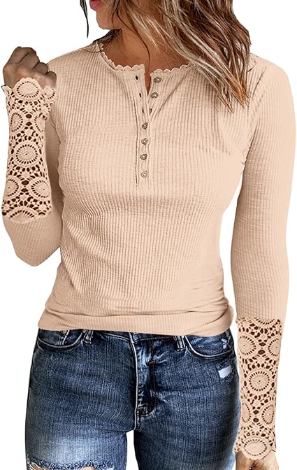 Photo 1 of SHENHE Women's Long Sleeve Henley T Shirts Button Down Slim Fit Tops Scoop Neck Shirts Apricot