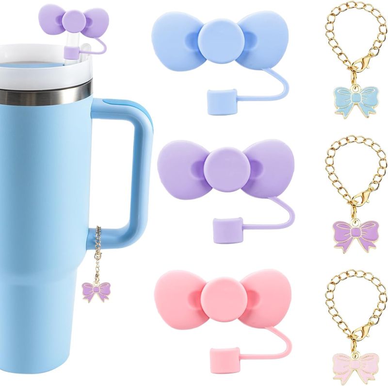 Photo 1 of 3pk of 3 Pcs Cute Bow Straw Covers Cap Toppers Compatible with Stanley 30&40 oz Tumbler Cups,Reusable Silicone Cap for 0.4 in/10mm Stanley Cups Straws Accessories with 3PCS Bow pendant Accessories?Bow style2
