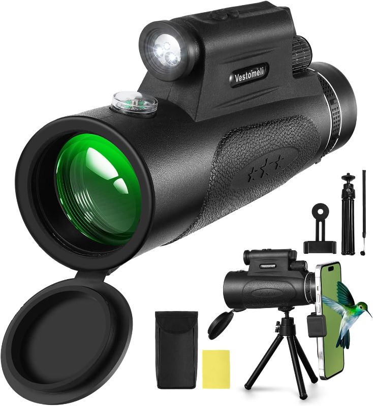 Photo 1 of 12X50 High-Power HD Monocular Telescope Within Flashlight & Compass, BAK4 Prism and FMC Lens Technology for Smartphone, Ideal Outdoor Gifts for Bird...
