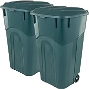 Photo 1 of 32 Gallon Wheeled Outdoor Garbage Can with Attached Snap Lock Lid and Heavy-Duty Handles, ECO Green, Heavy-Duty Construction, Perfect Back Yard, Deck, or Garage Trash Can, Pack of 2