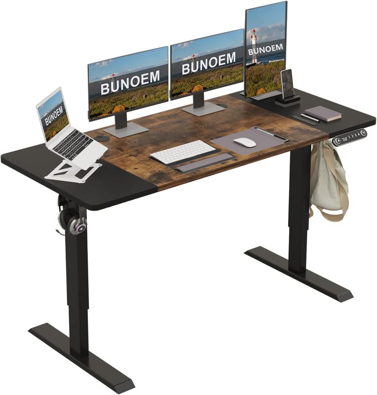 Photo 1 of BUNOEM Height Adjustable Electric Standing Desk, 63x30 Height Stand Up Computer Desk,Sit and Stand Home Office Desk with Splice Board (Brown+Black Top,...
