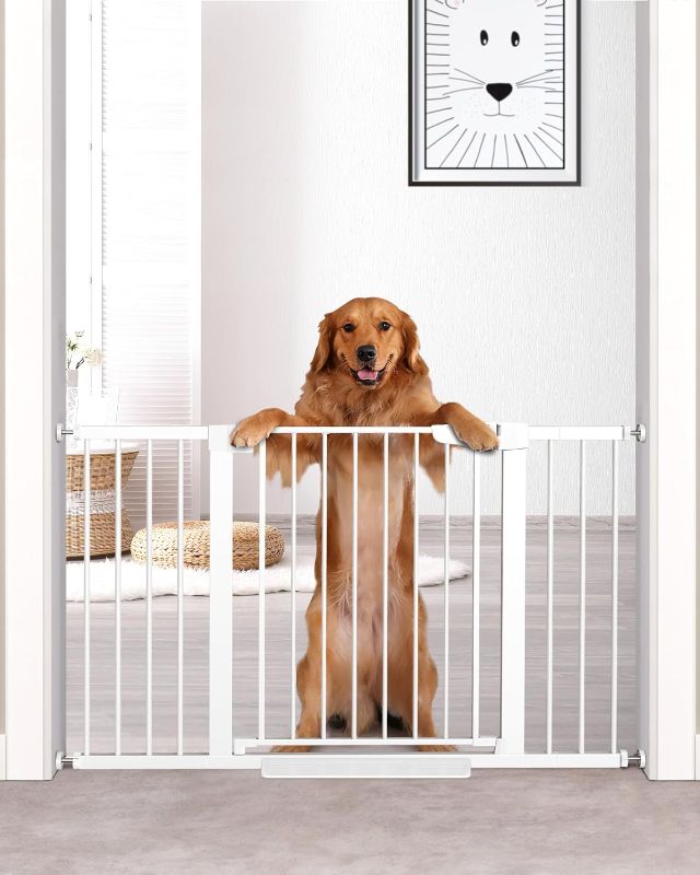 Photo 1 of Cumbor 29.7"-51.5" Baby Gate Extra Wide, Safety Dog Gate for Stairs, Easy Walk Thru Auto Close Pet Gates for The House, Doorways, Child Gate Includes 4 Wall Cups,White, Mom's Choice Awards Winner