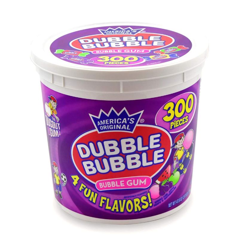 Photo 1 of Tootsie Roll Dubble Bubble Gum - 300 Count Resealable Tub of Individually Wrapped Fruit and Bubble Gum - Original, Watermelon, Apple and Grape Flavors - Peanut and Gluten Free, 47.6 Ounce