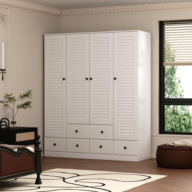Photo 1 of *** Missing parts*** MOUMON 4 Shutter Door Wardrobe Armoire Closet with Shelves and Drawers, Armoire Wardrobe Closet with 2 Hanging Rods, for Bedroom White (59”W x 19”D x 70.9”H)