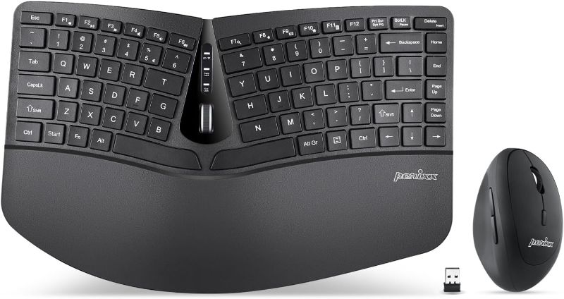 Photo 1 of Perixx PERIDUO-606 Wireless Mini Ergonomic Keyboard with Portable Vertical Mouse, Adjustable Palm Rest Stand and Membrane Low Profile Keys, US English Layout