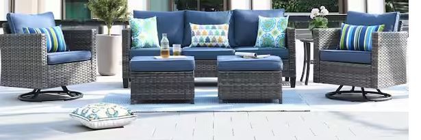 Photo 1 of ***ONLY 1 BOX, CHAIR AND TABLE, MISSING OTHER BOXES*** OVIOS New Vultros Gray 6-Piece Wicker Outdoor Patio Conversation Set with Denim Blue Cushions and Swivel Rocking Chairs