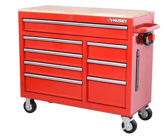 Photo 1 of ***(USED)***
Husky 42 in. W x 18.1 in. D 8-Drawer Red Mobile Workbench Cabinet with Solid Wood Top