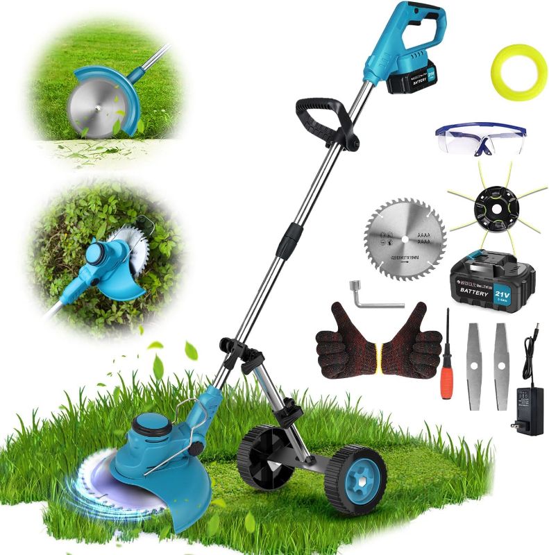 Photo 1 of 20000 RPM 12" Cordless Weed Wacker with 3 Types Blades, 21V 3000mAh 3-in-1 Weed Eater Battery Powered with Detachable Wheels, Lightweight 130 cm Retractable Handle Heavy Duty for Lawn Garden Yard Work