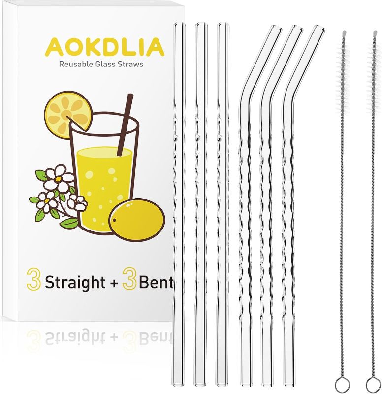 Photo 1 of 6-Pack Reusable Glass Straw-Spiral pattern,Transparent,Size 9''x8 MM,Including 3 Straight and 3 Bent with 2 Cleaning Brush- Perfect For Smoothies, Tea, Coffee