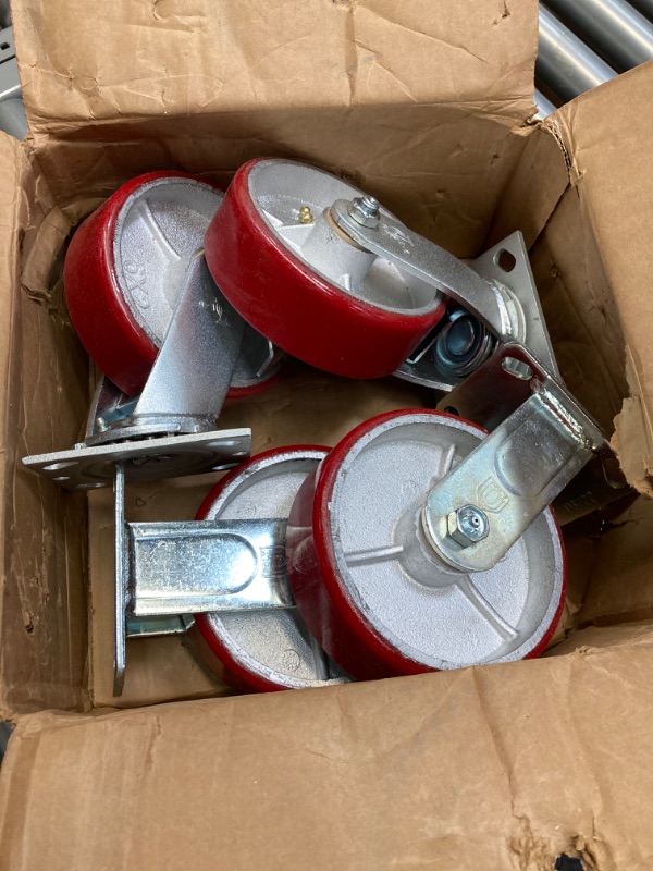 Photo 2 of 6 x 2 Heavy Duty Caster Set with Red Polyurethane on Steel Wheels, 1,200 lbs Capacity per Caster, 6" Size (4 Pack), Toolbox casters