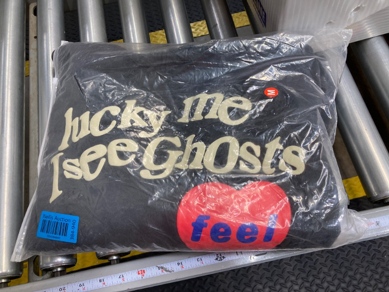 Photo 2 of Lucky Me Hoodie I See&Ghosts Graffiti Letter Print Couple Pullover Hip Hop Hooded Sweatshirt Love heart (Color : Dark gray, Size : Medium)
