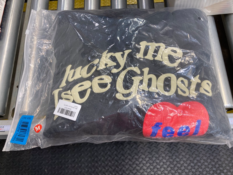 Photo 2 of Lucky Me Hoodie I See&Ghosts Graffiti Letter Print Couple Pullover Hip Hop Hooded Sweatshirt Love heart (Color : Dark gray, Size : Medium)
