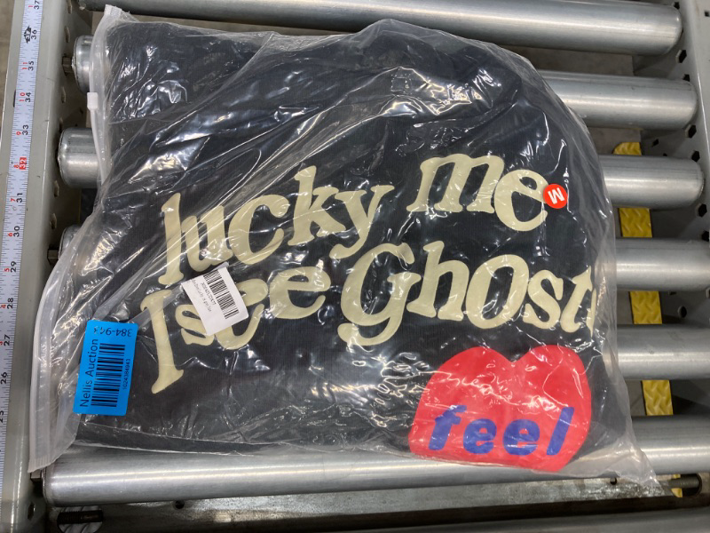 Photo 1 of Lucky Me Hoodie I See&Ghosts Graffiti Letter Print Couple Pullover Hip Hop Hooded Sweatshirt Love heart (Color : Dark gray, Size : Medium)
