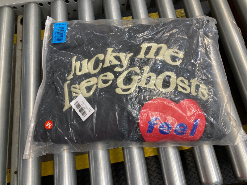 Photo 2 of Lucky Me Hoodie I See&Ghosts Graffiti Letter Print Couple Pullover Hip Hop Hooded Sweatshirt Love heart (Color : Dark gray, Size : Medium)
