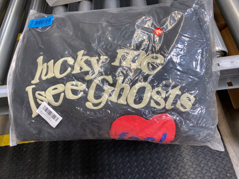 Photo 2 of Lucky Me Hoodie I See&Ghosts Graffiti Letter Print Couple Pullover Hip Hop Hooded Sweatshirt Love heart (Color : Dark gray, Size : Medium)
